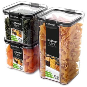 sistema tritan airtight pantry & kitchen storage containers | 3 square plastic food containers with lids (1x 1.3 l + 2x 700 ml) | stackable | with locking clips | bpa-free