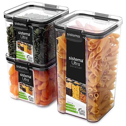 Sistema Tritan Airtight Pantry & Kitchen Storage Containers | 3 Square Plastic Food Containers with Lids (1x 1.3 L + 2x 700 ml) | Stackable | with Locking Clips | BPA-Free