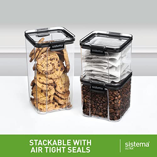 Sistema Tritan Airtight Pantry & Kitchen Storage Containers | 3 Square Plastic Food Containers with Lids (1x 1.3 L + 2x 700 ml) | Stackable | with Locking Clips | BPA-Free