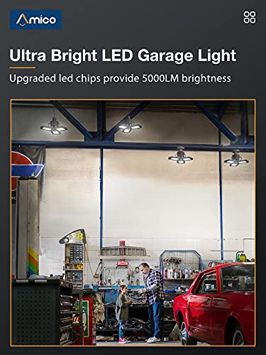 4-Pack LED Garage Lights, 50W LED Shop Light with 3 Ultra Bright Adjustable Panels, 5000LM 6500K Deformable Ceiling Lights for Garage, Attic, Basement, E26/E27 Base