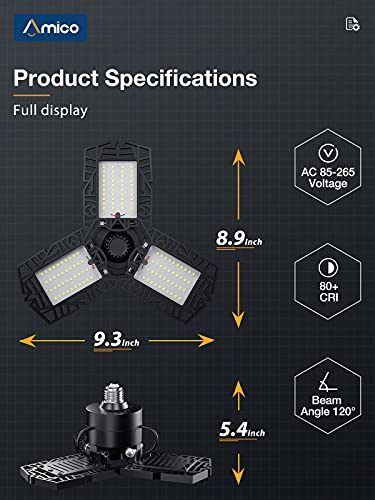 4-Pack LED Garage Lights, 50W LED Shop Light with 3 Ultra Bright Adjustable Panels, 5000LM 6500K Deformable Ceiling Lights for Garage, Attic, Basement, E26/E27 Base