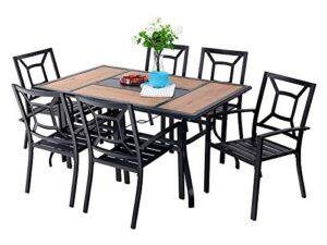 phi villa 7 piece outdoor dining table set, 61"x37" rectangular dining table with wood top & 1.56” umbrella hole and 6 metal chairs for patio, deck