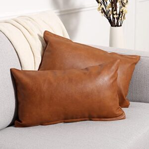 yaertun set of 2 lumbar faux leather decorative throw pillow covers modern solid outdoor cushion cases luxury pillowcases for couch sofa bed 12x20 inches brown