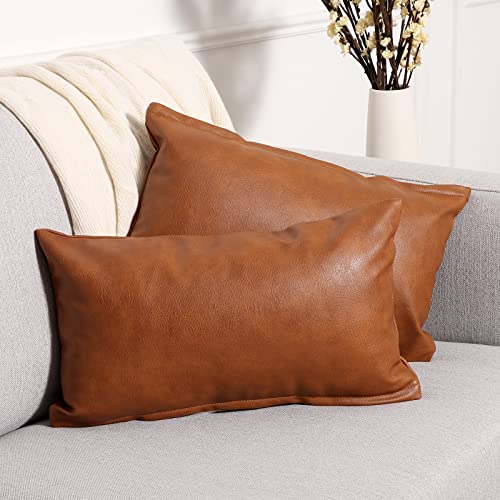 Yaertun Set of 2 Lumbar Faux Leather Decorative Throw Pillow Covers Modern Solid Outdoor Cushion Cases Luxury Pillowcases for Couch Sofa Bed 12x20 Inches Brown