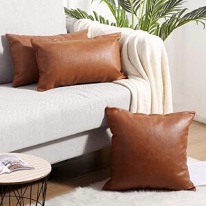 Yaertun Set of 2 Lumbar Faux Leather Decorative Throw Pillow Covers Modern Solid Outdoor Cushion Cases Luxury Pillowcases for Couch Sofa Bed 12x20 Inches Brown