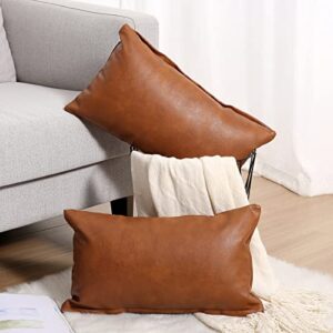 Yaertun Set of 2 Lumbar Faux Leather Decorative Throw Pillow Covers Modern Solid Outdoor Cushion Cases Luxury Pillowcases for Couch Sofa Bed 12x20 Inches Brown