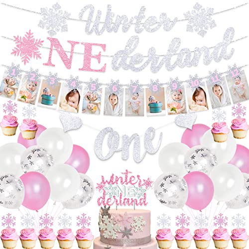 Winter Onederland Birthday Party Decorations Girl Pink Wonderland Snowflake 1st Birthday Party Supplies with Snowflake Photo Banner Winter Onederland Banner Cake Topper