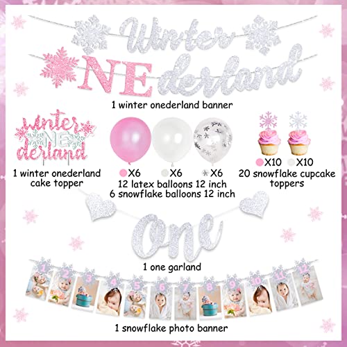 Winter Onederland Birthday Party Decorations Girl Pink Wonderland Snowflake 1st Birthday Party Supplies with Snowflake Photo Banner Winter Onederland Banner Cake Topper