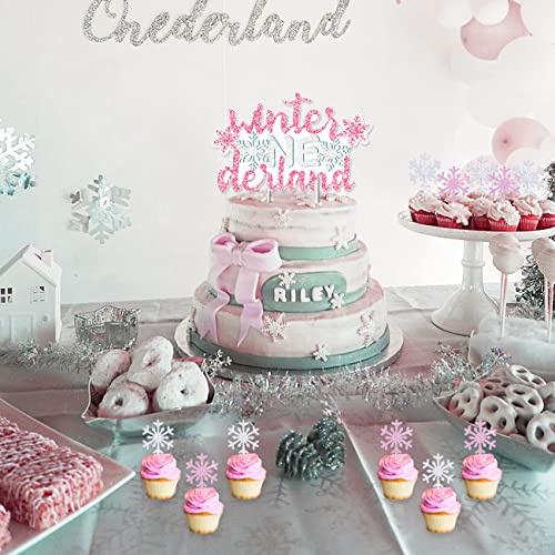 Winter Onederland Birthday Party Decorations Girl Pink Wonderland Snowflake 1st Birthday Party Supplies with Snowflake Photo Banner Winter Onederland Banner Cake Topper