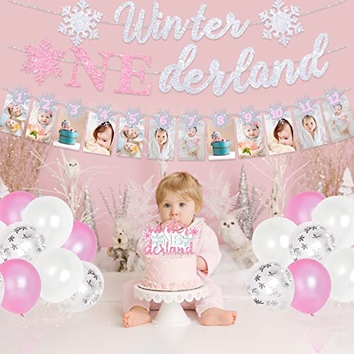 Winter Onederland Birthday Party Decorations Girl Pink Wonderland Snowflake 1st Birthday Party Supplies with Snowflake Photo Banner Winter Onederland Banner Cake Topper