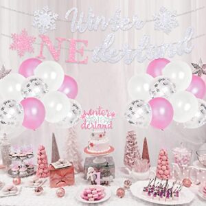 Winter Onederland Birthday Party Decorations Girl Pink Wonderland Snowflake 1st Birthday Party Supplies with Snowflake Photo Banner Winter Onederland Banner Cake Topper