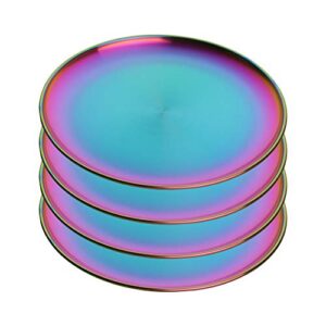bisdarun 4-piece stainless steel dinner plates dessert salad plates set indian, mingcheng 9.1 inch colorful metal platter for camping, unbreakable and reusable dishwasher safe (rainbow)
