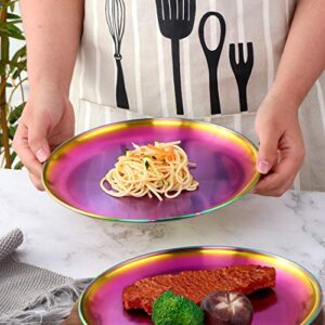 BISDARUN 4-Piece Stainless Steel Dinner Plates Dessert Salad Plates Set Indian, Mingcheng 9.1 Inch Colorful Metal Platter for Camping, Unbreakable and Reusable Dishwasher Safe (Rainbow)