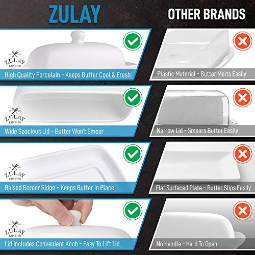 Zulay Porcelain White Butter Dish With Lid For Countertop - Classic Style Ceramic Butter Dishes With Lid & Knob Handle - Standard Butter Holder for Storing 1 Western Or Eastern Butter Stick