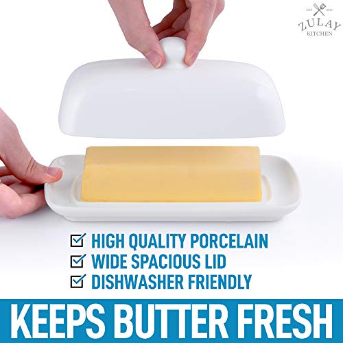 Zulay Porcelain White Butter Dish With Lid For Countertop - Classic Style Ceramic Butter Dishes With Lid & Knob Handle - Standard Butter Holder for Storing 1 Western Or Eastern Butter Stick