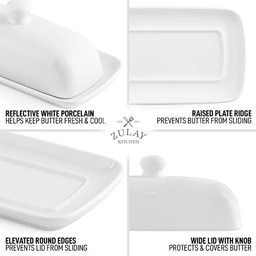 Zulay Porcelain White Butter Dish With Lid For Countertop - Classic Style Ceramic Butter Dishes With Lid & Knob Handle - Standard Butter Holder for Storing 1 Western Or Eastern Butter Stick