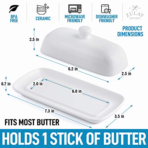 Zulay Porcelain White Butter Dish With Lid For Countertop - Classic Style Ceramic Butter Dishes With Lid & Knob Handle - Standard Butter Holder for Storing 1 Western Or Eastern Butter Stick