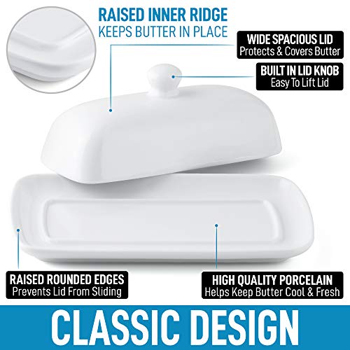 Zulay Porcelain White Butter Dish With Lid For Countertop - Classic Style Ceramic Butter Dishes With Lid & Knob Handle - Standard Butter Holder for Storing 1 Western Or Eastern Butter Stick