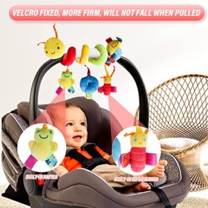 LIANGLIDE Baby Car Seat Toys Spiral Car Seat Toy Plush Activity Hanging Stroller Toys Crib Bassinet Mobile Toy with BB Squeaker and Rattles,Safety Newborn Toys Bee Frog Hanging Baby Carseat Toys