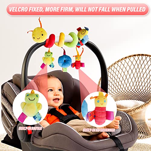 LIANGLIDE Baby Car Seat Toys Spiral Car Seat Toy Plush Activity Hanging Stroller Toys Crib Bassinet Mobile Toy with BB Squeaker and Rattles,Safety Newborn Toys Bee Frog Hanging Baby Carseat Toys