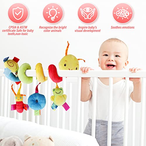 LIANGLIDE Baby Car Seat Toys Spiral Car Seat Toy Plush Activity Hanging Stroller Toys Crib Bassinet Mobile Toy with BB Squeaker and Rattles,Safety Newborn Toys Bee Frog Hanging Baby Carseat Toys