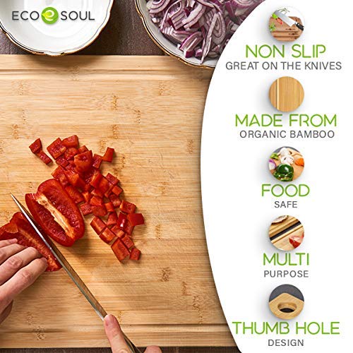 ECO SOUL Bamboo Cutting Boards For Kitchen | Chopping & Butcher Block | Meat, Vegetables, Cheese & Charcuterie Board | Non-Slip, Durable, USDA Certified (3 Set)