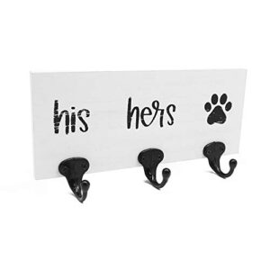 hanna roberts decorative key holder & dog leash hook wall mount for entry way, kitchen, & mudroom, his hers & paw print triple hook, 10" x 2" x 5"