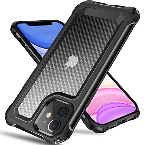 Tuerdan iPhone 11 Case, [Military Grade Shockproof] [Hard Carbon Fiber Back] [Soft TPU Bumper Frame] Anti-Scratch, Fingerprint Resistant, Protective Phone Case for iPhone 11, 6.1 Inch (Black)