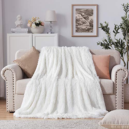 NexHome Soft Shaggy Faux Fur Blanket Throw Blanket 50" x 60", Women Girls Luxury Fuzzy Plush Comfy Microfiber Long Faux Fur Decorative Blankets for Sofa Couch Bed Chair Photo Props, Cream White