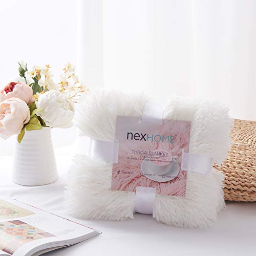 NexHome Soft Shaggy Faux Fur Blanket Throw Blanket 50" x 60", Women Girls Luxury Fuzzy Plush Comfy Microfiber Long Faux Fur Decorative Blankets for Sofa Couch Bed Chair Photo Props, Cream White