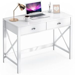 edmaxwell white home office desk with drawers, modern writing computer desk, small makeup vanity table desk for bedroom, study table for home office