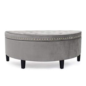 Homebeez 43.5" Half Moon Storage Ottoman Bench, Lift Top Velvet Storage Ottoman Bench for Bedroom Living Room(Light Gray)