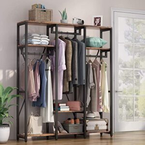 tribesigns freestanding closet organizer, industrial 3 rod garment rack with 4-tier sttorage shelf, rustic wardrobe rack clothes rack with shoe shelves for hanging clothes and storage (brown)