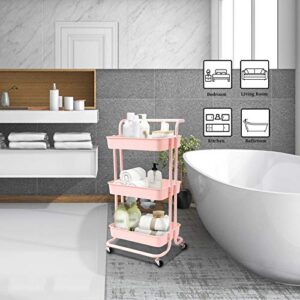 danpinera 3 Tier Rolling Utility Cart with Hooks & Handle Storage Organization Shelves for Kitchen, Bathroom, Office, Library, Coffee Bar Trolley Service Cart, Pink