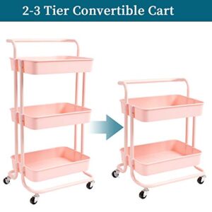 danpinera 3 Tier Rolling Utility Cart with Hooks & Handle Storage Organization Shelves for Kitchen, Bathroom, Office, Library, Coffee Bar Trolley Service Cart, Pink