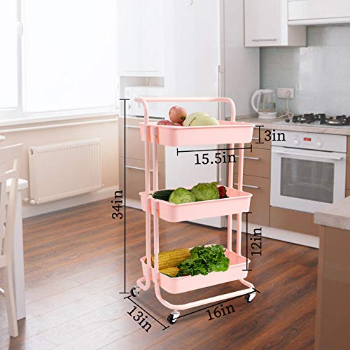 danpinera 3 Tier Rolling Utility Cart with Hooks & Handle Storage Organization Shelves for Kitchen, Bathroom, Office, Library, Coffee Bar Trolley Service Cart, Pink