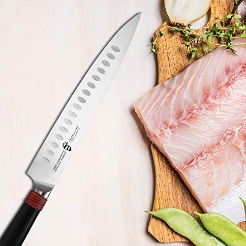 TUO Slicing Knife 9 inch Kitchen Knife Ultra Sharp Carving Knife Hollow Edge Professional Slicer for Vegetables Fruits Meat, AUS-8 Stainless Steel with Pakkawood Handle, Gift Box Ring Lite Series