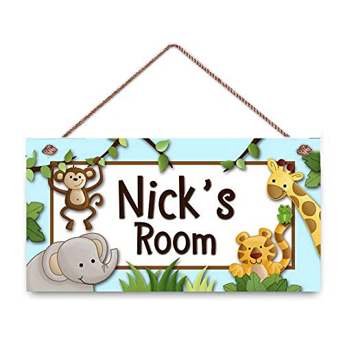 AJHERO Personalized Name Baby Blue Jungle Animals Door Sign Boys Bedroom Baby Nursery Room Wood Plaque Hanging Wall Art Decor Gift