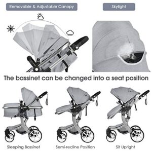 HONEY JOY Baby Stroller, High Landscape Convertible Infant Bassinet Stroller, Adjustable Canopy & Backrest, Storage Basket, Foot Cover, Foldable Newborn Carriage Pram Stroller (Gray)