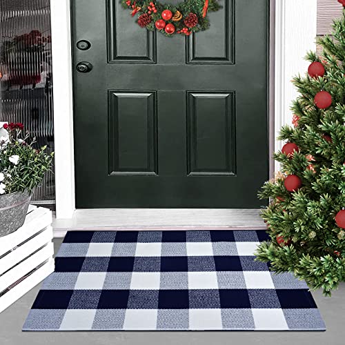 USTIDE Buffalo Plaid Check Rug Navy Blue and White Cotton Rugs 23.6"x35.4"Washable Hand Woven Outdoor Rugs Layered Doormats for Porch Kitchen Farmhouse