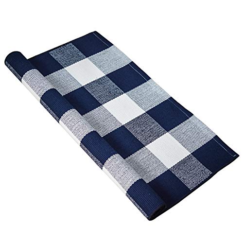 USTIDE Buffalo Plaid Check Rug Navy Blue and White Cotton Rugs 23.6"x35.4"Washable Hand Woven Outdoor Rugs Layered Doormats for Porch Kitchen Farmhouse