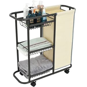 lucalda laundry sorter cart movable bathroom organizer gray laundry storage baskets with heavy duty rolling wheels 3-tier storage shelves with 1 bag for clothes