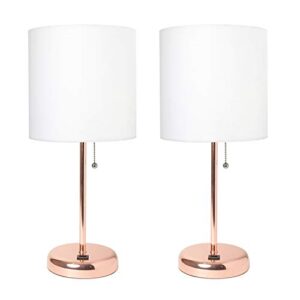 Limelights LC2002-RGD-2PK Rose Gold Stick Lamp with USB Charging Port and White Fabric Shade 2 Pack Table Desk Lamp Set