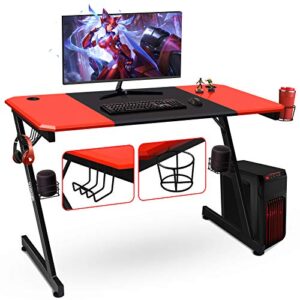 powerstone gaming desk - computer desk 47" with cup holder audio stands headphone hook and 2 cable management holes large gamer workstation for kids adults, z-shaped, red