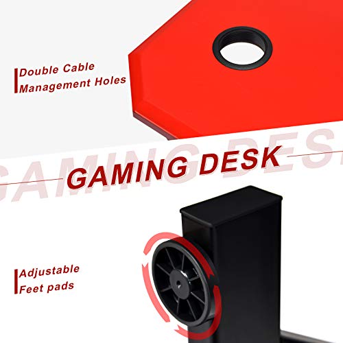 POWERSTONE Gaming Desk - Computer Desk 47" with Cup Holder Audio Stands Headphone Hook and 2 Cable Management Holes Large Gamer Workstation for Kids Adults, Z-Shaped, Red