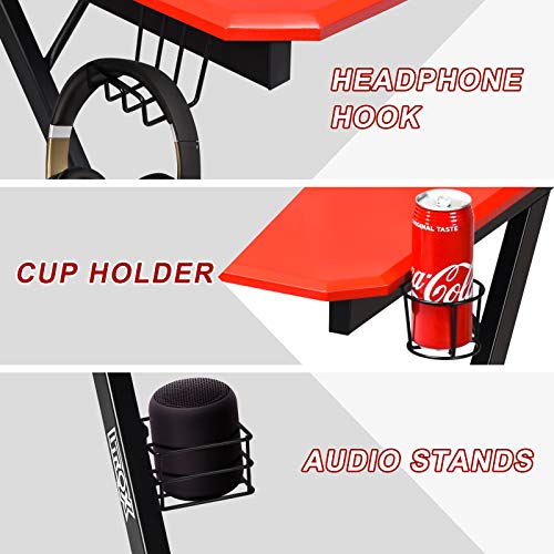 POWERSTONE Gaming Desk - Computer Desk 47" with Cup Holder Audio Stands Headphone Hook and 2 Cable Management Holes Large Gamer Workstation for Kids Adults, Z-Shaped, Red