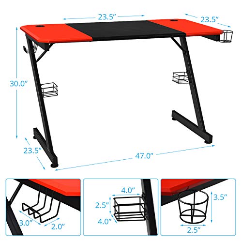 POWERSTONE Gaming Desk - Computer Desk 47" with Cup Holder Audio Stands Headphone Hook and 2 Cable Management Holes Large Gamer Workstation for Kids Adults, Z-Shaped, Red