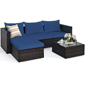 tangkula 5 piece outdoor patio furniture set, sturdy frame and weight capacity up to 360 pounds, wicker sectional sofa set with glass top coffee table, porch garden poolside furniture for 4