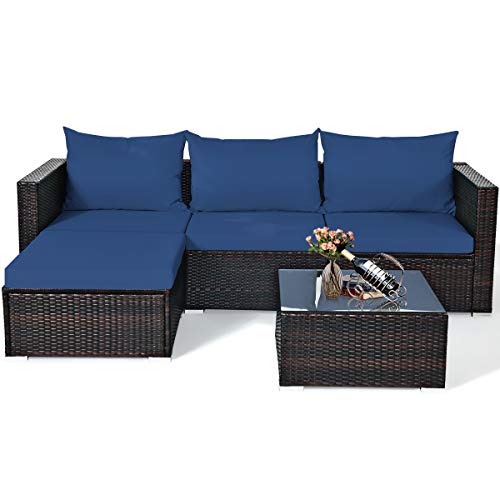 Tangkula 5 Piece Outdoor Patio Furniture Set, Sturdy Frame and Weight Capacity Up to 360 Pounds, Wicker Sectional Sofa Set with Glass Top Coffee Table, Porch Garden Poolside Furniture for 4