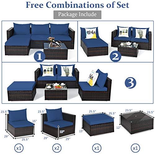 Tangkula 5 Piece Outdoor Patio Furniture Set, Sturdy Frame and Weight Capacity Up to 360 Pounds, Wicker Sectional Sofa Set with Glass Top Coffee Table, Porch Garden Poolside Furniture for 4